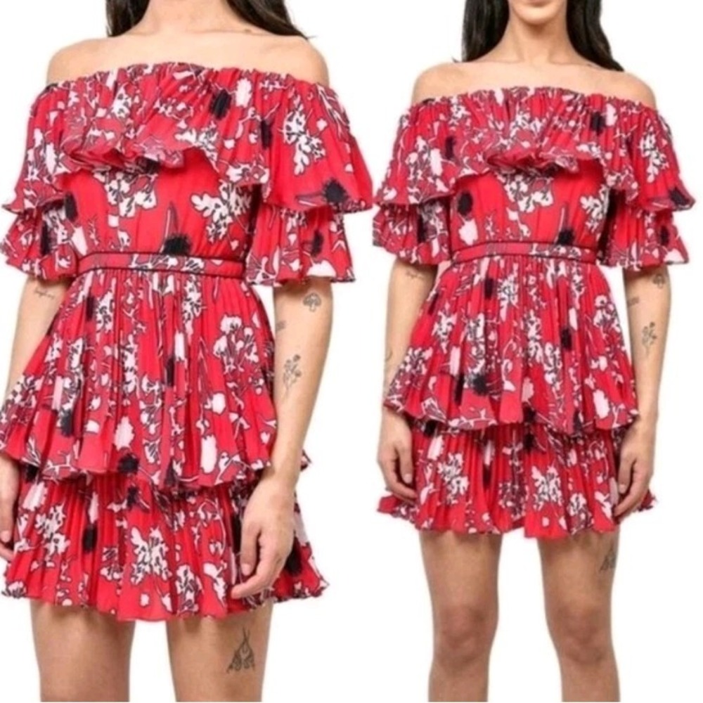 Self Portrait Off Shoulder Floral Pleated Ruffled Mini Dress Red Size 2 $195
